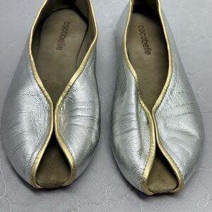 Cocobelle Silver Peep-Toe Flats with Gold Trim